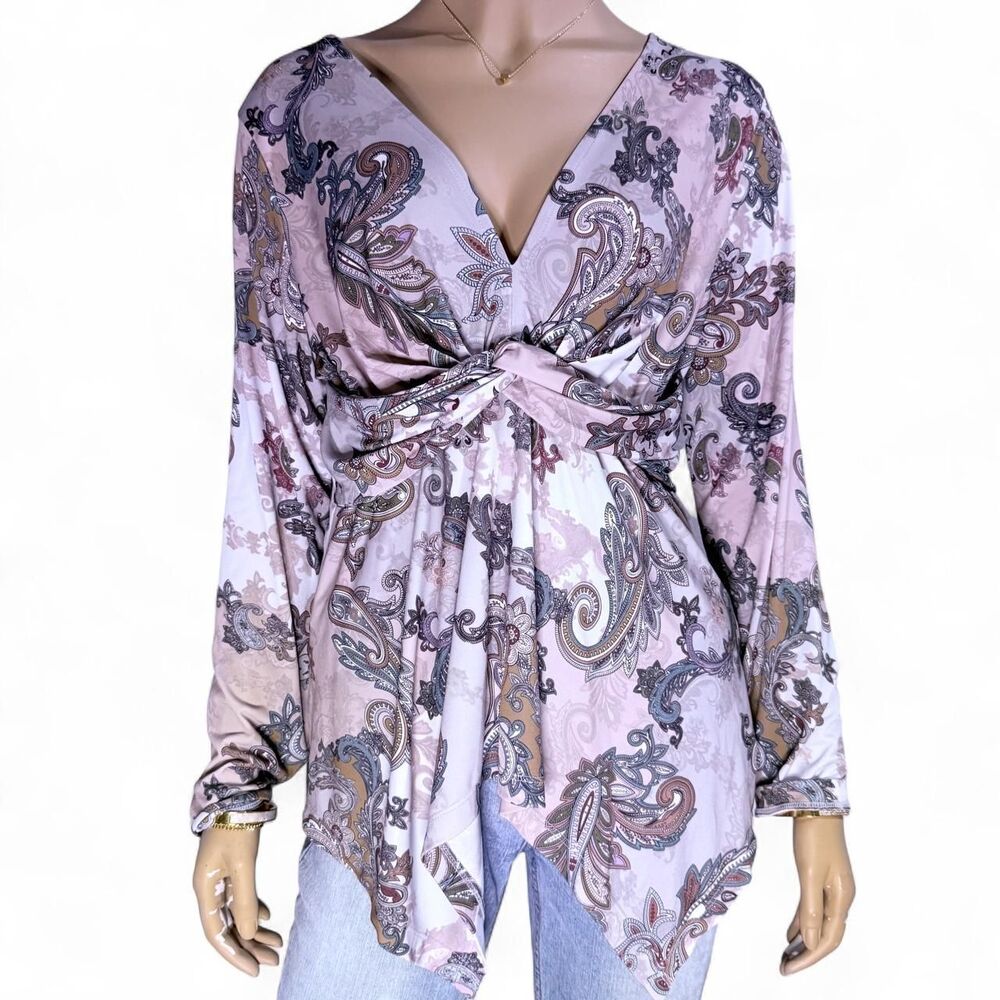 Venus Paisley Twist Front Tunic Top Women's Large Boho Long Sleeve V Neck Blouse